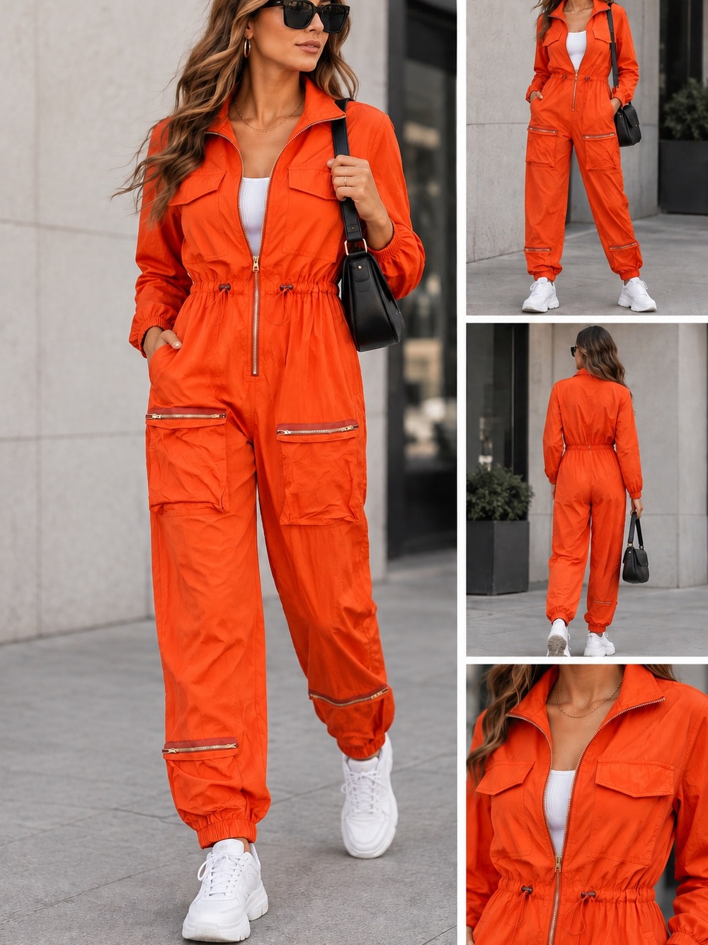 NWT Loragal Orange Utility Cargo Jumpsuit Gold Zip Drawstring Waist Size S